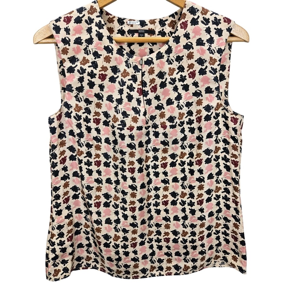 Boss Hugo Boss Top Blouse Sleeveless Career 100% Silk Tan Pink Black Sz 6 READ
